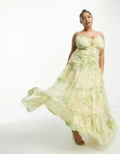 ASOS DESIGN Curve - Vestito Lungo Stile Sottoveste A Balze Con Fondo Grezzo, Nodo Frontale E Cut-out Giallo Con Stampa A Fiori