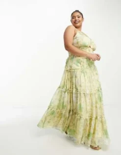 ASOS DESIGN Curve - Vestito Lungo Stile Sottoveste A Balze Con Fondo Grezzo, Nodo Frontale E Cut-out Giallo Con Stampa A Fiori -Vendite ASOS Maternity || RIVER ISLAND || Monki 204020283 3