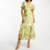 ASOS DESIGN Tall - Vestito Midi Verde Metallizzato Con Stampa Di Rose E Volant Sul Fondo