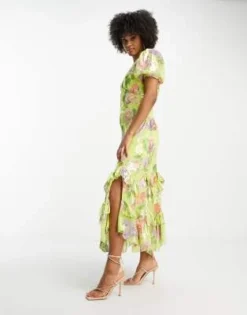 ASOS DESIGN Tall - Vestito Midi Verde Metallizzato Con Stampa Di Rose E Volant Sul Fondo -Vendite ASOS Maternity || RIVER ISLAND || Monki 204020387 2