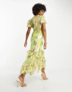 ASOS DESIGN Tall - Vestito Midi Verde Metallizzato Con Stampa Di Rose E Volant Sul Fondo -Vendite ASOS Maternity || RIVER ISLAND || Monki 204020387 3