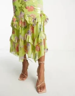 ASOS DESIGN Tall - Vestito Midi Verde Metallizzato Con Stampa Di Rose E Volant Sul Fondo -Vendite ASOS Maternity || RIVER ISLAND || Monki 204020387 4