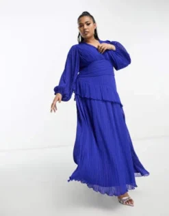 ASOS DESIGN Curve - Vestito Midi A Pieghe Blu Cobalto Con Cintura