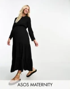 ASOS Maternity ASOS DESIGN Maternity - Vestito Midi A Balze Con Coulisse In Vita Per Allattamento Nero