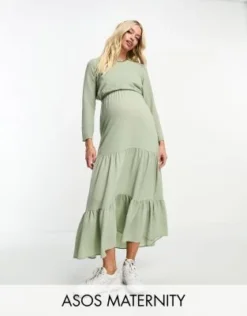 ASOS Maternity ASOS DESIGN Maternity - Vestito Midi A Balze Con Coulisse In Vita Per Allattamento Verde Salvia