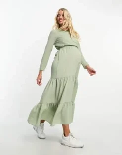 ASOS Maternity ASOS DESIGN Maternity - Vestito Midi A Balze Con Coulisse In Vita Per Allattamento Verde Salvia -Vendite ASOS Maternity || RIVER ISLAND || Monki 204020557 4