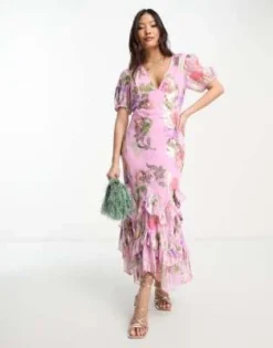 ASOS DESIGN Petite - Vestito Lungo In Lurex Rosa Con Stampa Di Rose E Volant Sul Fondo -Vendite ASOS Maternity || RIVER ISLAND || Monki 204026869 3