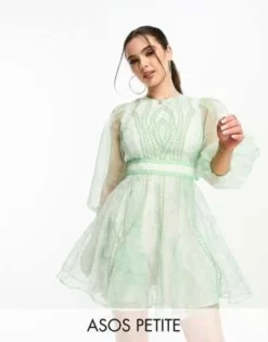 ASOS DESIGN Petite - Vestito Skater Corto In Organza Verde Ricamato Con Inserto In Pizzo
