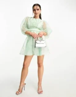 ASOS DESIGN Petite - Vestito Skater Corto In Organza Verde Ricamato Con Inserto In Pizzo -Vendite ASOS Maternity || RIVER ISLAND || Monki 204028552 3