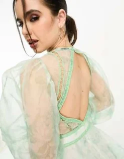 ASOS DESIGN Petite - Vestito Skater Corto In Organza Verde Ricamato Con Inserto In Pizzo -Vendite ASOS Maternity || RIVER ISLAND || Monki 204028552 4