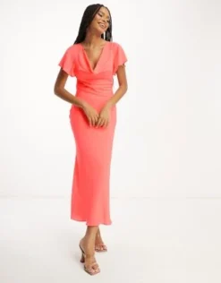 ASOS DESIGN - Vestito Midi Con Scollo Ad Anello E Maniche Con Volant Rosa Zucchero