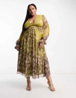 ASOS DESIGN Curve - Vestito Midi Arricciato In Vita Con Maniche A Campana A Fiori Misti