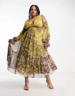 ASOS DESIGN Curve - Vestito Midi Arricciato In Vita Con Maniche A Campana A Fiori Misti -Vendite ASOS Maternity || RIVER ISLAND || Monki 204033068 4