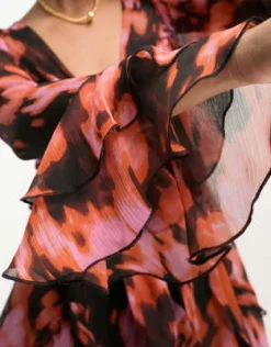 ASOS DESIGN Tall - Vestito Corto Con Maniche Con Volant E Scollo Profondo Con Allacciatura Sul Davanti Arancione Bruciato Con Stampa Effetto Lava -Vendite ASOS Maternity || RIVER ISLAND || Monki 204035067 3