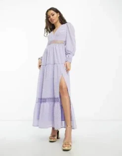 ASOS DESIGN Petite - Tufted - Vestito Lungo Color Lilla Plumetis Con Inserti In Pizzo -Vendite ASOS Maternity || RIVER ISLAND || Monki 204035466 3