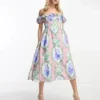 Hope & Ivy - Vestito Midi Con Spalle Scoperte E Stampa Blu A Fiori