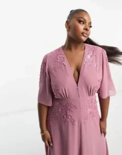 Hope & Ivy Plus - Vestito Lungo Color Malva Decorato Con Scollo Profondo -Vendite ASOS Maternity || RIVER ISLAND || Monki 204045461 3