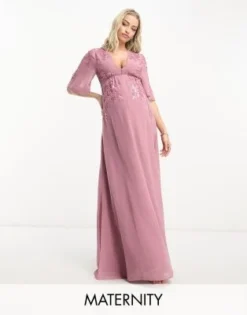 Hope & Ivy Maternity - Vestito Lungo Color Malva Decorato Con Scollo Profondo
