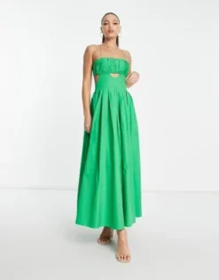 ASOS DESIGN Tall - Vestito Midi Strutturato Con Busto Arricciato E Gonna A Pieghe In Cotone Verde -Vendite ASOS Maternity || RIVER ISLAND || Monki 204045809 4