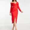 ASOS DESIGN Tall - Vestito Midi Rosso Con Pieghe E Spalle Scivolate