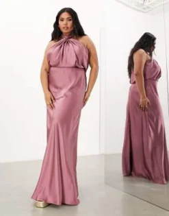 ASOS EDITION Curve - Vestito Lungo Allacciato Al Collo In Raso Con Ruches Color Orchidea