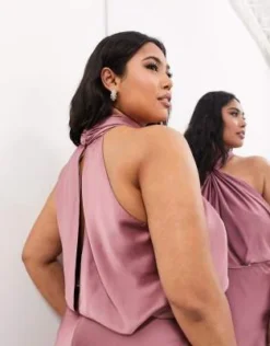 ASOS EDITION Curve - Vestito Lungo Allacciato Al Collo In Raso Con Ruches Color Orchidea -Vendite ASOS Maternity || RIVER ISLAND || Monki 204050058 4