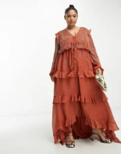 ASOS DESIGN Curve - Vestito Midi Morbido Color Ruggine A Fiori Con Bottoni