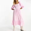 Miss Selfridge - Vestito Midi Rosa Testurizzato E Arricciato Con Volant