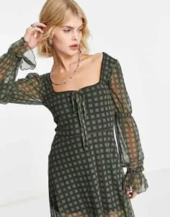 Reclaimed Vintage - Vestito Midi A Maniche Lunghe In Rete Kaki A Quadretti -Vendite ASOS Maternity || RIVER ISLAND || Monki 204057586 3