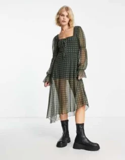 Reclaimed Vintage - Vestito Midi A Maniche Lunghe In Rete Kaki A Quadretti -Vendite ASOS Maternity || RIVER ISLAND || Monki 204057586 4