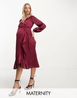 New Look Maternity - Vestito Midi Avvolgente In Raso Bordeaux