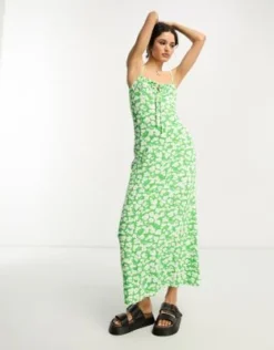 ASOS DESIGN - Vestito Midi Verde E Bianco A Fiori Con Bustino Arricciato E Fascette Sottili