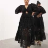 ASOS Edition Curve - Vestito Midi In Pizzo Nero Con Maniche A Sbuffo E Incrociato Sul Davanti