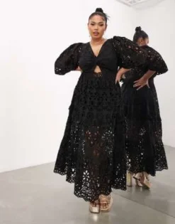 ASOS Edition Curve - Vestito Midi In Pizzo Nero Con Maniche A Sbuffo E Incrociato Sul Davanti