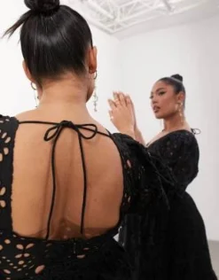 ASOS Edition Curve - Vestito Midi In Pizzo Nero Con Maniche A Sbuffo E Incrociato Sul Davanti -Vendite ASOS Maternity || RIVER ISLAND || Monki 204070160 4