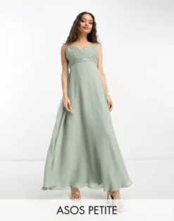 ASOS DESIGN Petite - Vestito Lungo Da Damigella Allacciato In Vita Con Spalline Sottili E Corpino Arricciato Verde Oliva