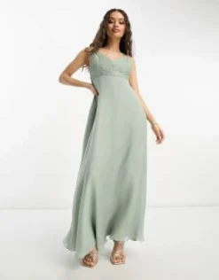 ASOS DESIGN Petite - Vestito Lungo Da Damigella Allacciato In Vita Con Spalline Sottili E Corpino Arricciato Verde Oliva -Vendite ASOS Maternity || RIVER ISLAND || Monki 204071422 4