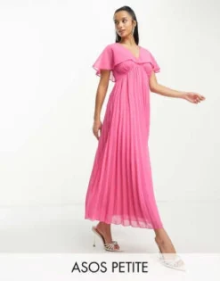 ASOS DESIGN Petite - Vestito Lungo Rosa Acceso Con Fondo A Pieghe E Maniche A Mantella