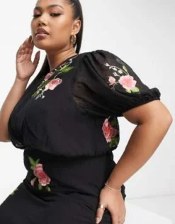 ASOS DESIGN Curve - Vestito Da Giorno Lungo In Chiffon Plumetis Nero Con Maniche A Sbuffo E Ricamo Floreale -Vendite ASOS Maternity || RIVER ISLAND || Monki 204088152 3