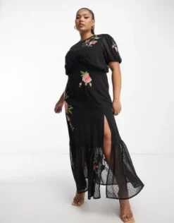ASOS DESIGN Curve - Vestito Da Giorno Lungo In Chiffon Plumetis Nero Con Maniche A Sbuffo E Ricamo Floreale -Vendite ASOS Maternity || RIVER ISLAND || Monki 204088152 4