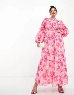 ASOS DESIGN Curve - Vestito Lungo A Fiori Con Coulisse In Vita