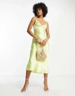 ASOS DESIGN Tall - Vestito Sottoveste Midi Ad Apice Alto In Raso Martellato Color Lime -Vendite ASOS Maternity || RIVER ISLAND || Monki 204091484 4