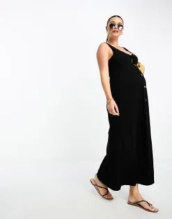 ASOS Maternity ASOS DESIGN Maternity - Vestito Midi Senza Maniche Nero Con Bottoni E Laccetti -Vendite ASOS Maternity || RIVER ISLAND || Monki 204093641 3