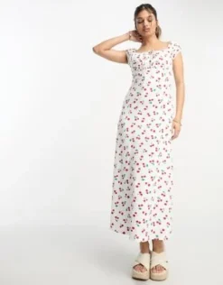 ASOS DESIGN - Vestito Da Giorno Midi Arricciato Con Maniche Ad Aletta Bianco Con Stampa Con Ciliegie