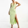 ASOS DESIGN - Vestito Midi Allacciato Al Collo Verde Lime Con Perline Bianche