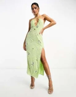 ASOS DESIGN - Vestito Midi Allacciato Al Collo Verde Lime Con Perline Bianche
