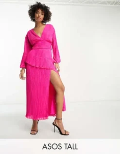 ASOS DESIGN Tall - Vestito Midi A Pieghe Rosa Acceso Con Cintura