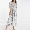 ASOS DESIGN - Vestito Midi In Cotone A Fiori Con Corsetto Arricciato