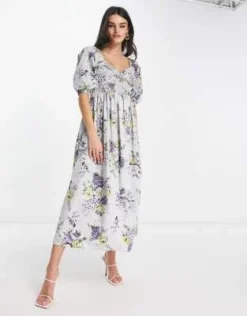 ASOS DESIGN - Vestito Midi In Cotone A Fiori Con Corsetto Arricciato