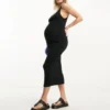 ASOS Maternity ASOS DESIGN Maternity - Vestito Midi Con Spalline Sottili Nero A Coste Con Scollo Rotondo